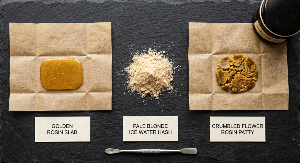 Hash rosin, flower rosin, and ice water hash side by side wholesale comparison
