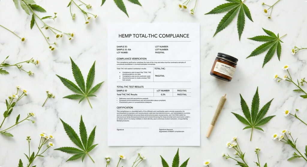 H.R. 5371 total-THC compliance document beside THCA concentrate and pre-roll ahead of November 2026 deadline
