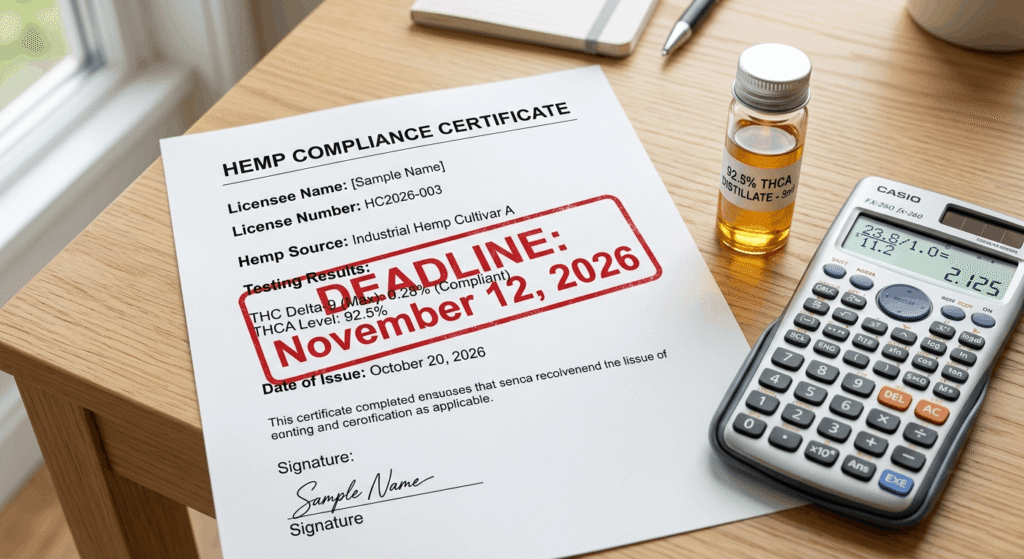 H.R. 5371 THCA compliance deadline November 2026 hemp distillate total THC calculation document