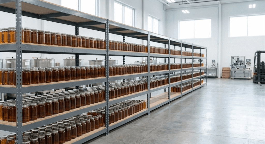 Wholesale worker organizing bulk THCA distillate jars with COA labels in bright warehouse setting