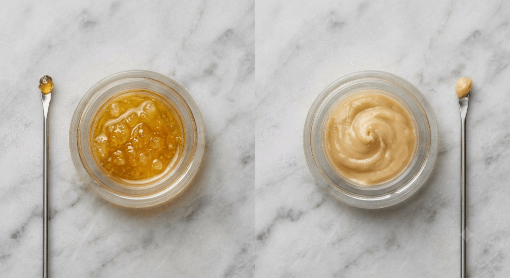 Side-by-side comparison of live resin sauce and live rosin badder textures