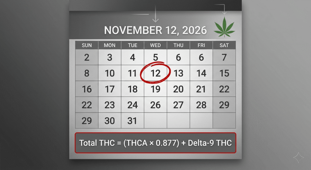 November 12 2026 federal THCA deadline showing total THC formula for hemp compliance