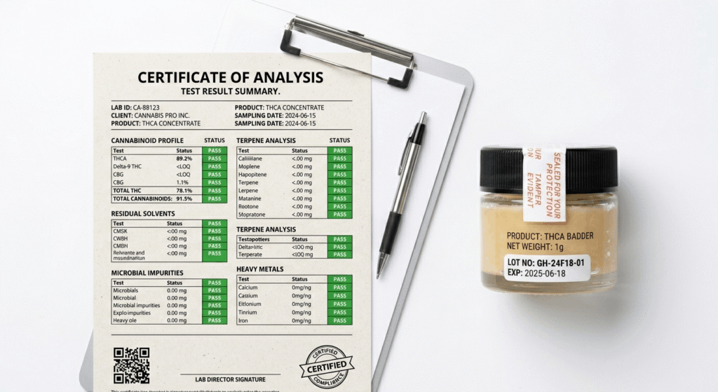 THCA badder wholesale COA lab documentation compliance smoke shop