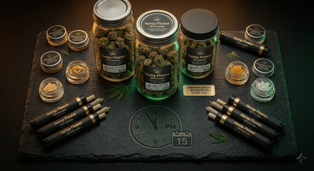 Assortment of bulk THCa hemp flower and concentrate wholesale products arranged on a dark surface with deadline theme
