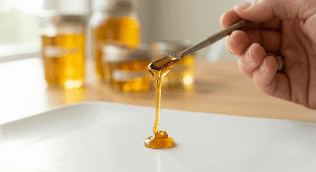 Wholesale worker organizing bulk THCA distillate jars with COA labels in bright warehouse setting