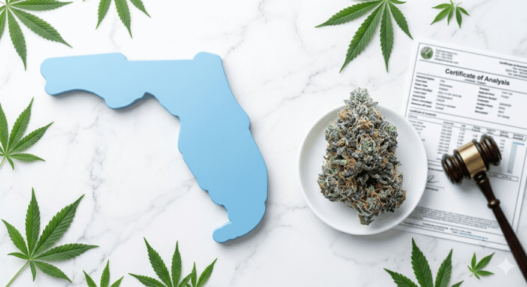 THCA hemp flower with Florida state silhouette and legal documents on bright white surface representing Florida cannabis law 2026