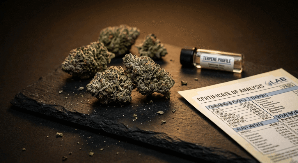 Close-up of raw THCa hemp flower buds with visible trichomes next to a COA document on a dark surface