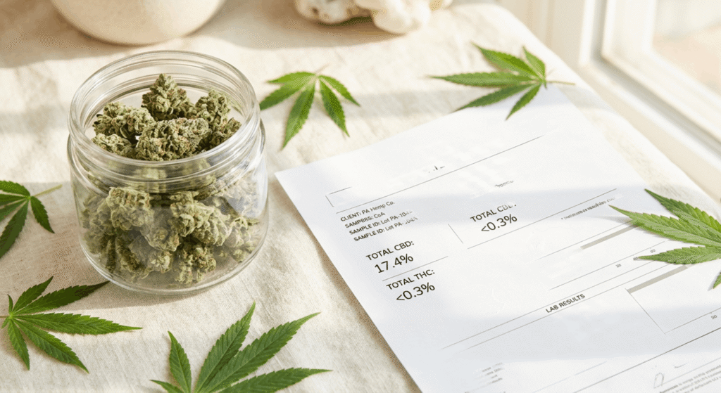 THCA hemp flower jar with Certificate of Analysis for Pennsylvania wholesale compliance