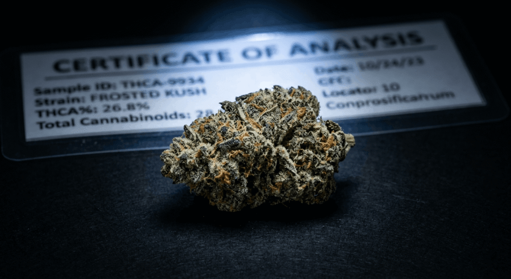 THCA hemp flower bud on dark surface with COA document — Florida legal status 2026