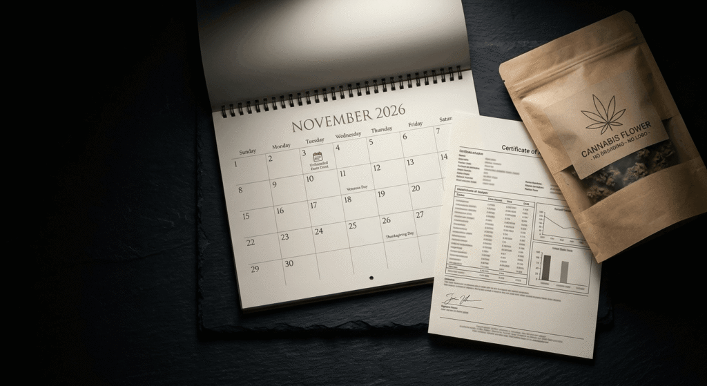 November 2026 compliance deadline calendar next to THCA flower COA lab report document