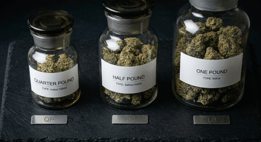 Three glass jars of bulk THCA flower showing different wholesale pound tier quantities