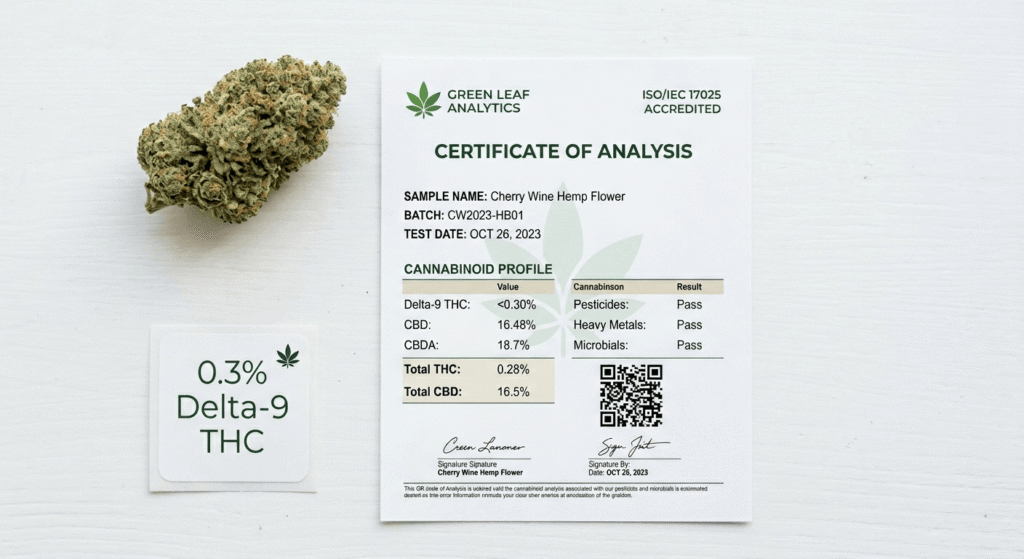 Hemp flower bud next to a Certificate of Analysis showing delta-9 THC compliance for THCA legality