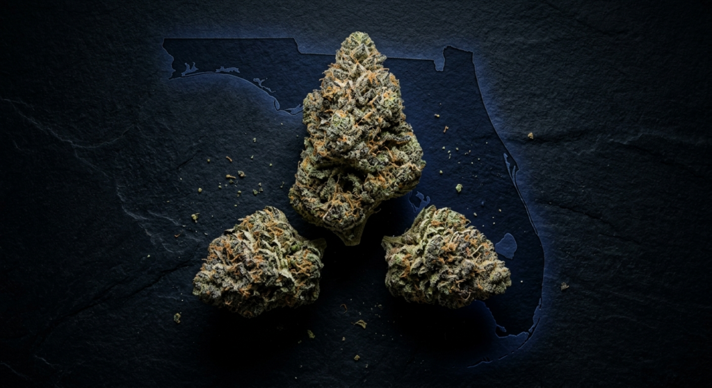 Three THCA hemp flower buds on dark surface with Florida state outline — 2026 cannabis law comparison
