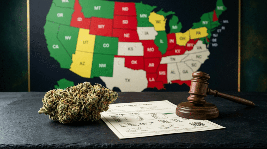 THCA hemp flower bud with Certificate of Analysis and gavel on US state map showing legal status by state 2026