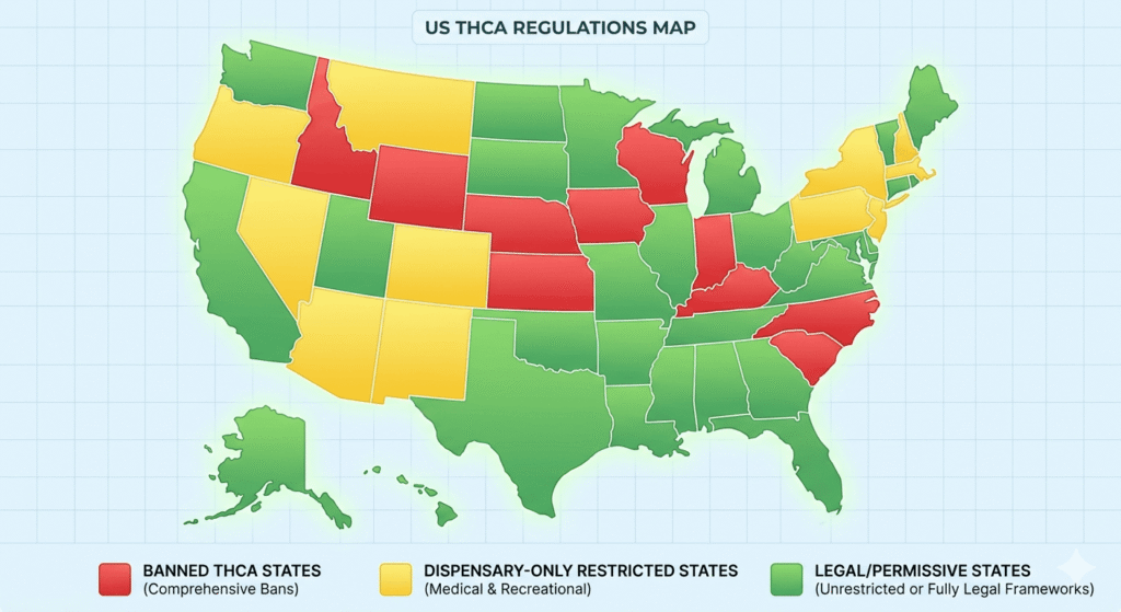 US map showing THCA legal status by state in 2026 — green for legal, yellow for restricted, red for banned