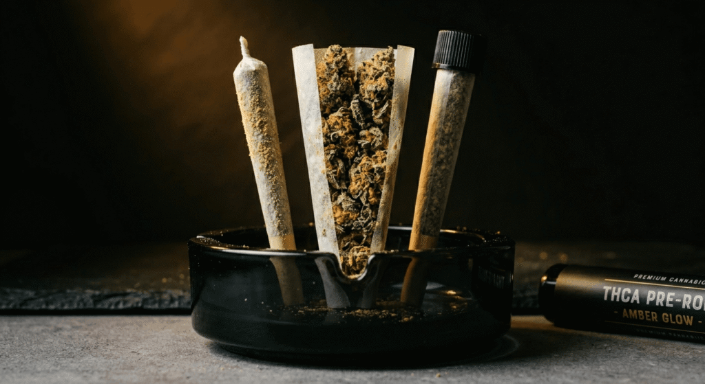 Close-up of infused THCA pre-rolls with kief coating and indoor flower visible, wholesale bulk formats
