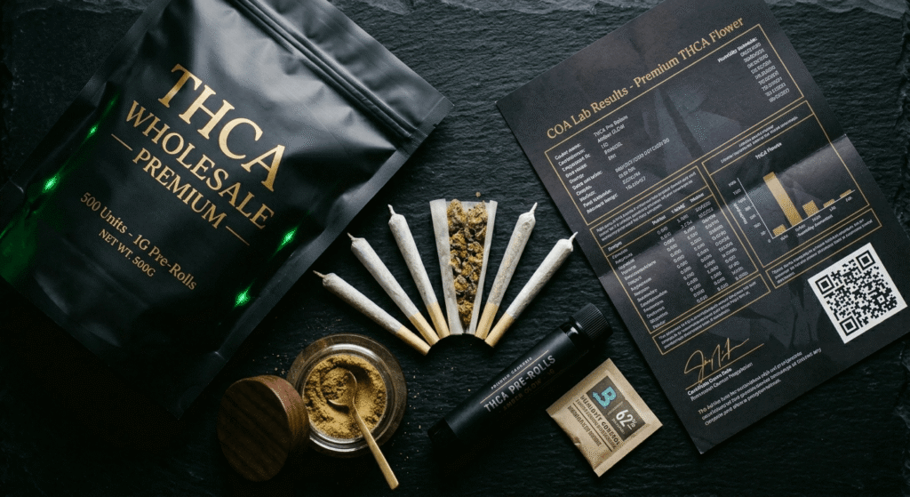 THCA pre-roll wholesale white label packaging with COA lab document, mylar bag, and humidity packet