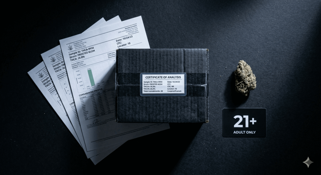 THCA hemp shipping box with COA documents and compliance paperwork for Florida legal shipment