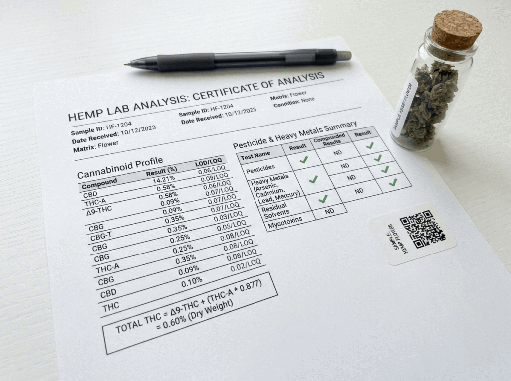ISO-accredited THCA wholesale Certificate of Analysis showing full cannabinoid panel, total-THC calculation, and pesticide screening results