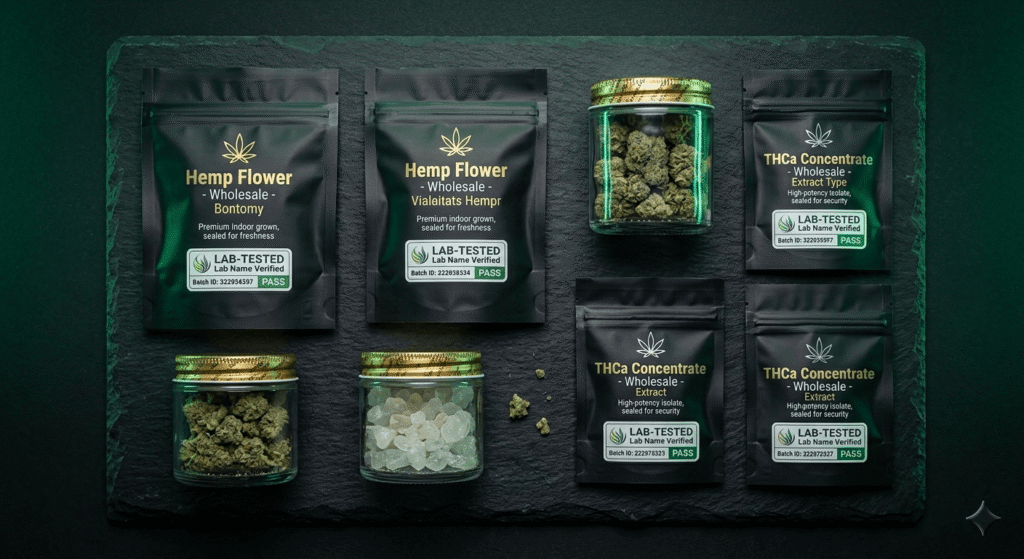 Sealed wholesale THCa hemp flower and concentrate packaging with lab-tested badges on a dark background