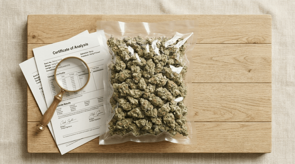 THCA wholesale sample pound bag next to a COA document and magnifying glass, representing quality verification before placing a bulk order