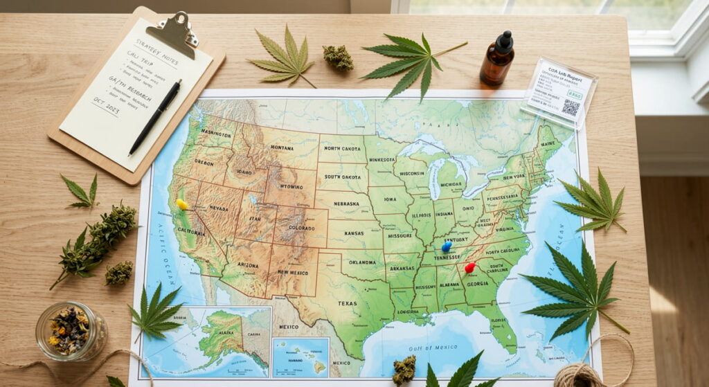 USA map highlighting California, Georgia, and Tennessee as THCA banned states in 2026