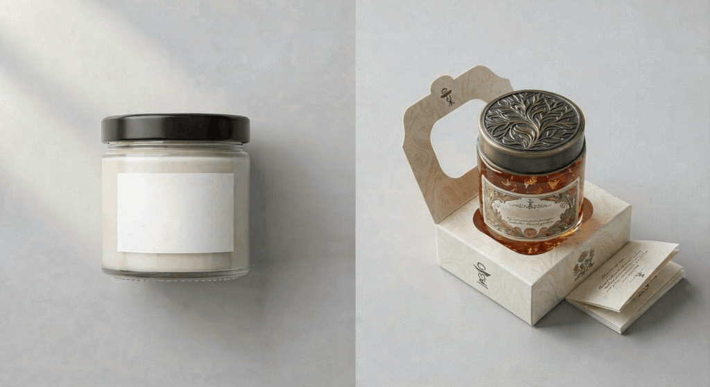 Side-by-side comparison of simple white label packaging versus custom private label THCA packaging