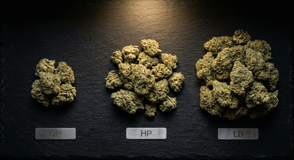 Three glass jars of bulk THCA flower showing different wholesale pound tier quantities