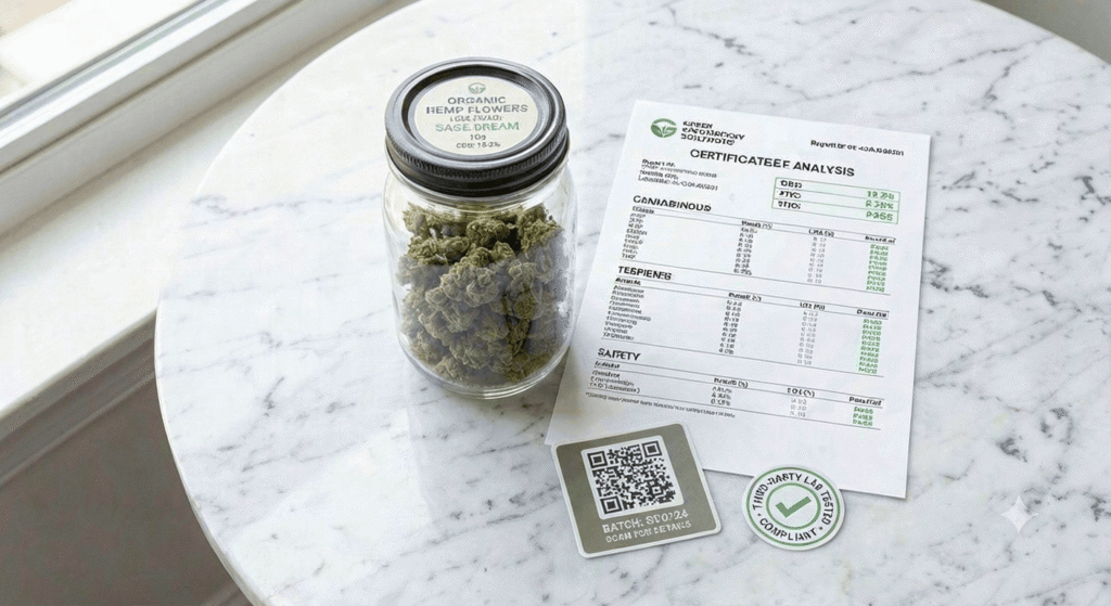 Wholesale hemp compliance checklist with COA document and lab-tested hemp flower on white surface