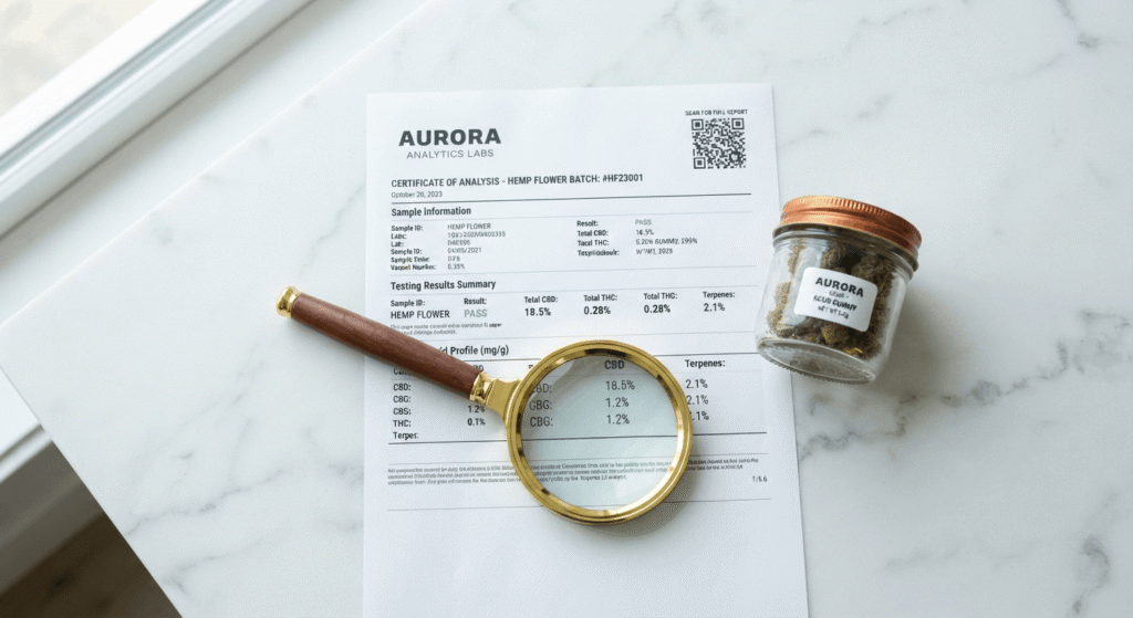 Certificate of Analysis document with magnifying glass and hemp flower jar