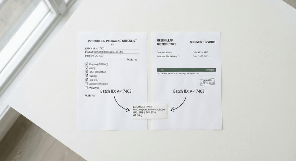 Checklist, invoice, and batch label used to validate a THCA COA before purchase