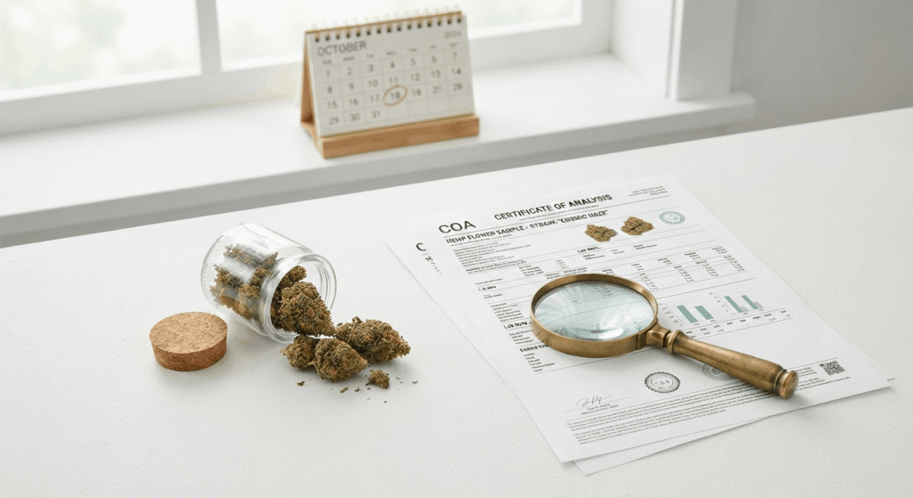 COA lab document and hemp flower sample representing Farm Bill compliance verification