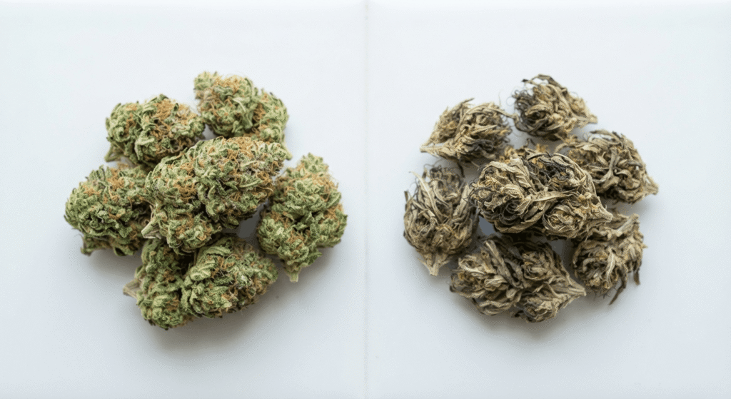 Comparison of fresh versus degraded THCa flower showing visible potency loss