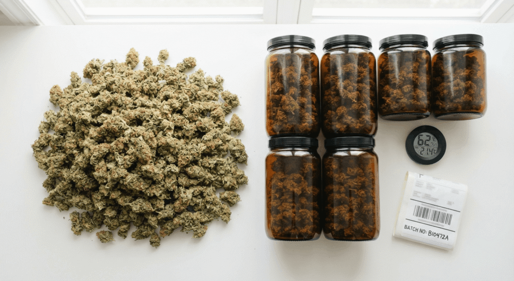 Bulk THCa flower with wholesale storage jars and inventory labeling