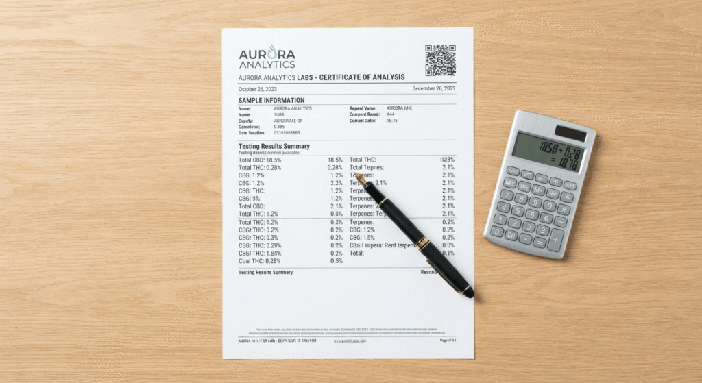 Calculator and lab report used to verify total THC percentage calculation