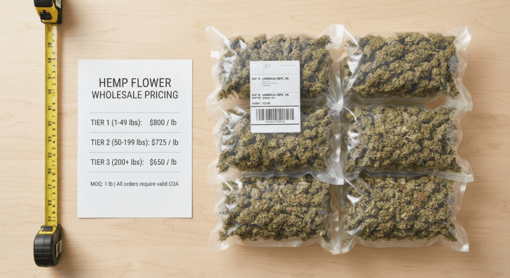 Stacked one-pound THCA wholesale packages with pricing tier chart showing MOQ breaks