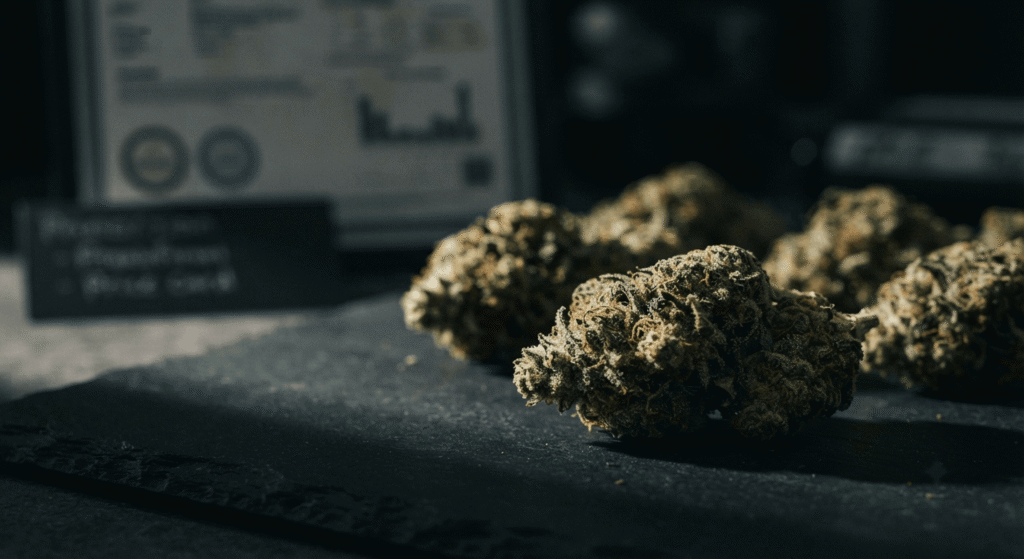 Frosty hemp flower buds photographed in moody dark lighting, representing premium THCA wholesale vendors in 2026